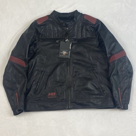 Harley Davidson Motorcycle Jacket Men 2XL Black Red Logo Leather Heavy Riding - Picture 1 of 16